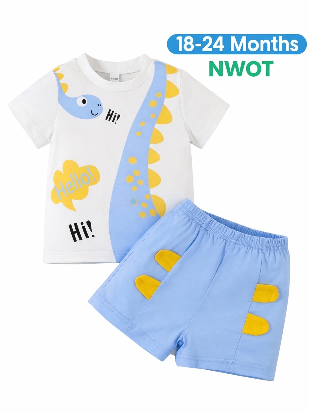 Toddler Dino Graphic Tee & Shorts Set - White & Light Blue with Yellow Accents